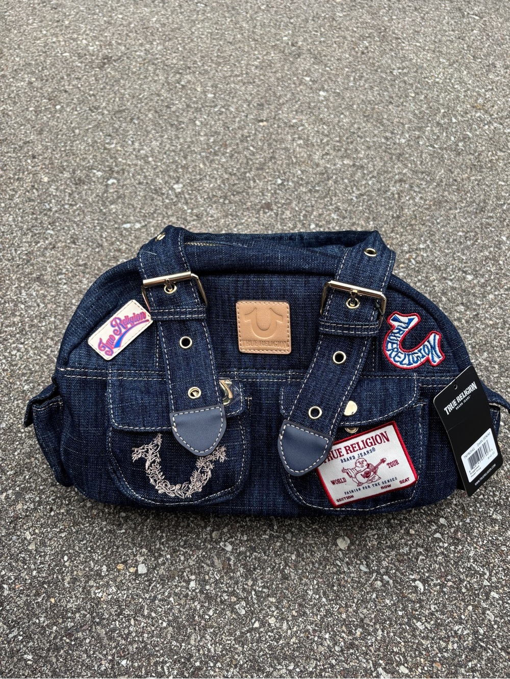True Religion Dark Blue Denim Patchwork Purse Bag with Belt Straps